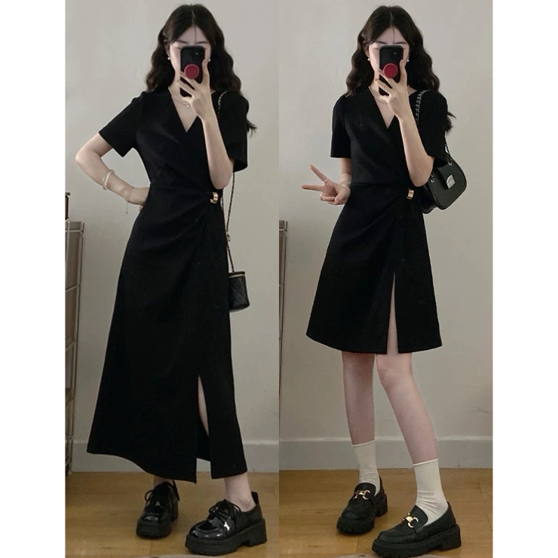 MO88ZSPF大码女装夏季胖mmv领扭结金扣收腰侧边开叉设计感连衣裙