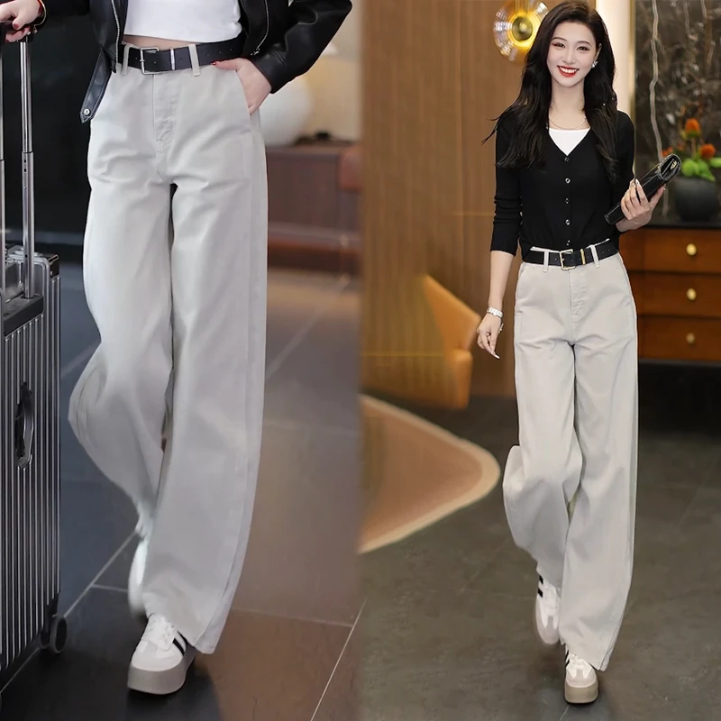 高腰弯刀牛仔裤女2025春季新款莫兰迪灰宽松显瘦窄版直筒裤2503