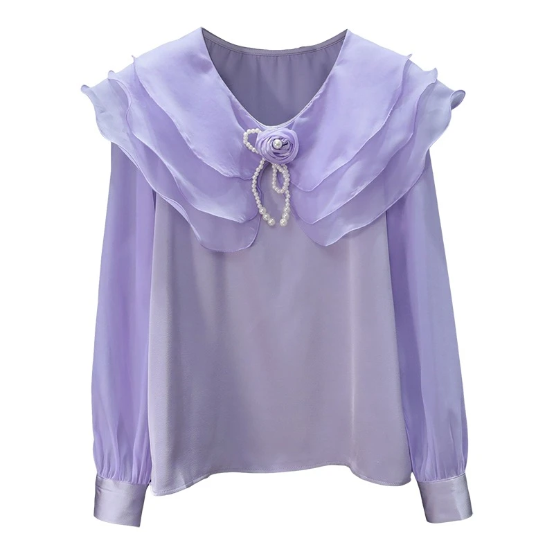 E6389【新款】时尚设计感荷叶边紫色翻领洋气上衣