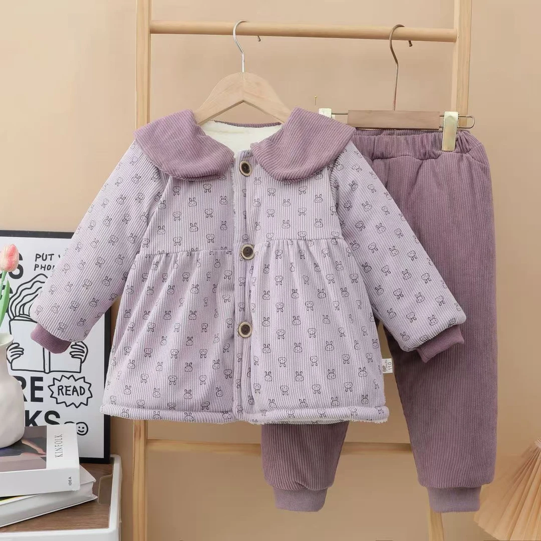 女童棉服套装新款儿童省服宝宝棉衣棉裤家居服加绒加厚两件套冬季