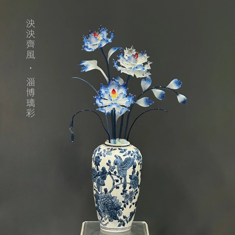 青花瓷琉璃牡丹客厅玄关装饰高级感摆件轻奢上档次大气入户门摆件