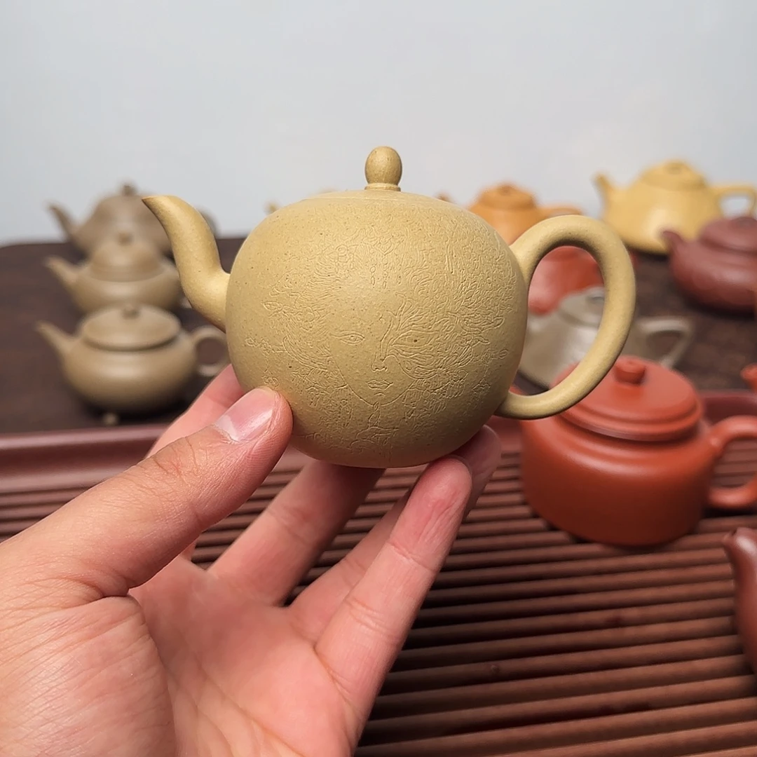茶壶紫砂微瑕美人尖刻绘170cc绿泥