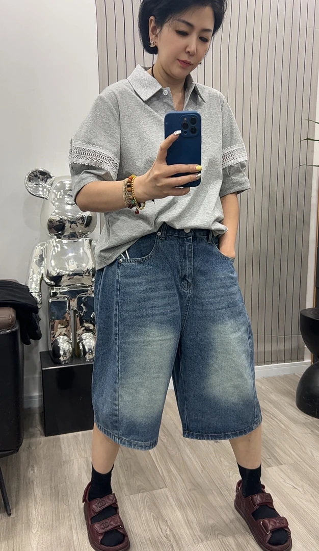 正品自制阔腿7分牛仔夏季复古水洗直筒牛仔中裤男女同款短裤