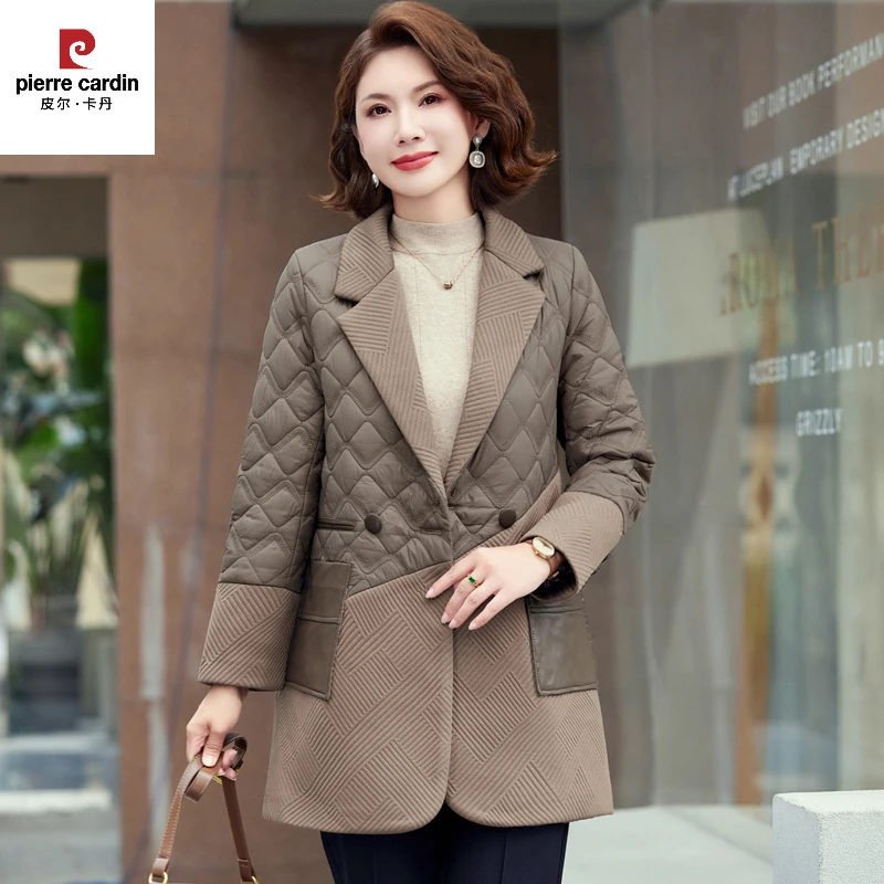 皮尔卡丹中老年女秋冬装衣中长款2024新款洋气棉服夹棉拼接
