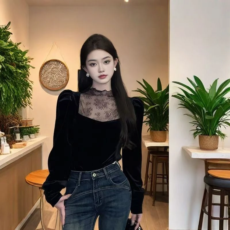 D899冬季新款纯欲气质蕾丝拼接长袖修身T恤