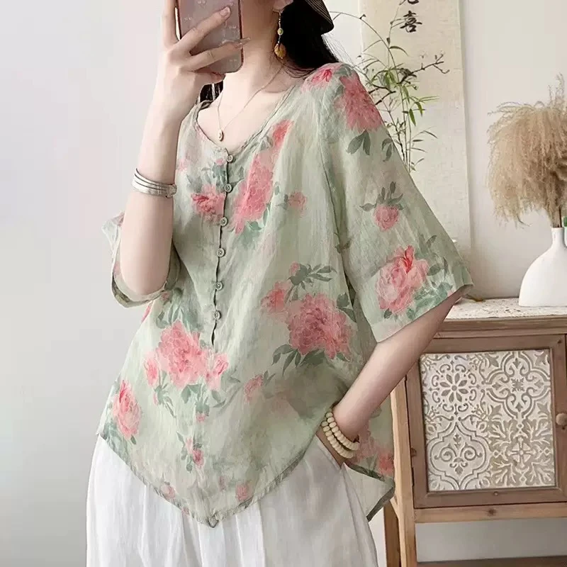 复古苎麻内里包边圆领印花衬衫女夏文艺宽松百搭显瘦休闲上衣