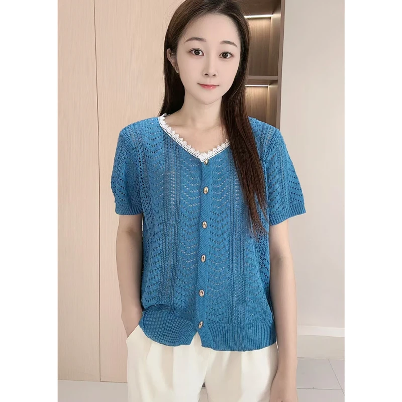 法式高级感蕾丝边V领针织开衫女夏季新款设计感镂空短袖T恤上衣潮