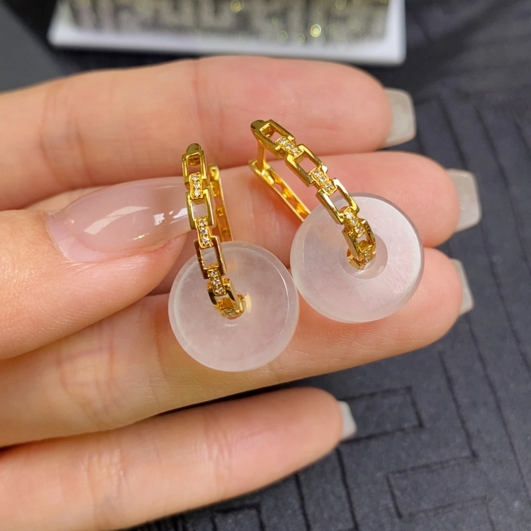 翡翠18K金镶嵌耳饰链条耳包➕路路通