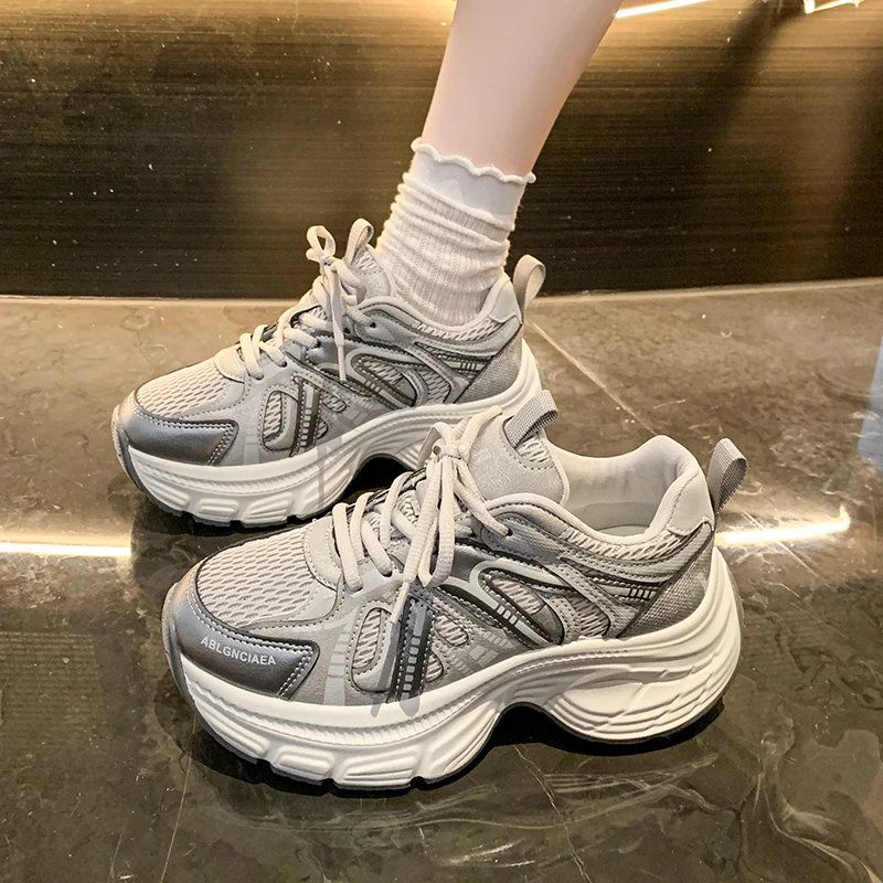 小个子增高真皮老爹鞋女2025新款网面透气厚底轻便百搭休闲运动鞋