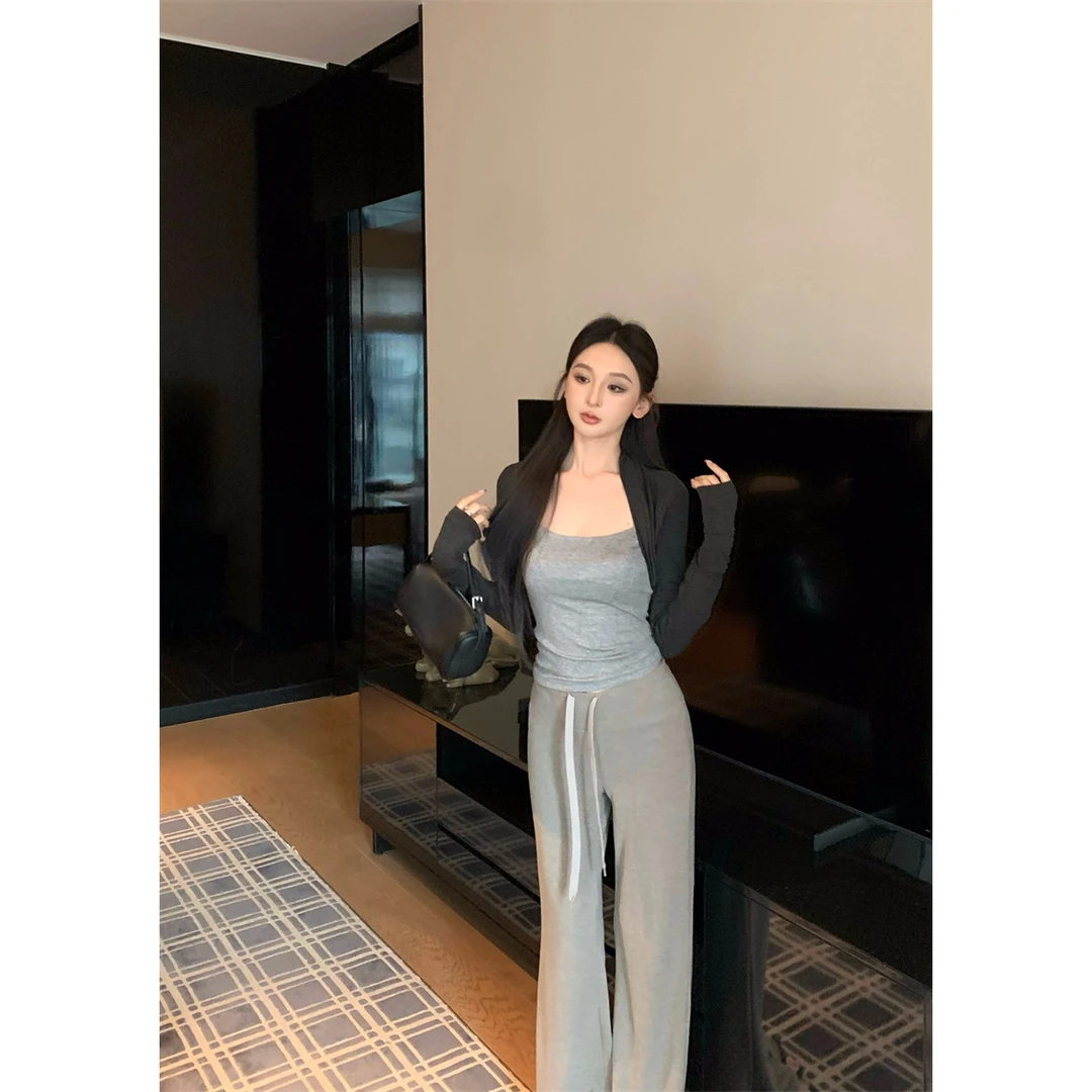 撞色假两件T恤显瘦休闲简约时尚设计感小众修身上衣百搭长裤套装