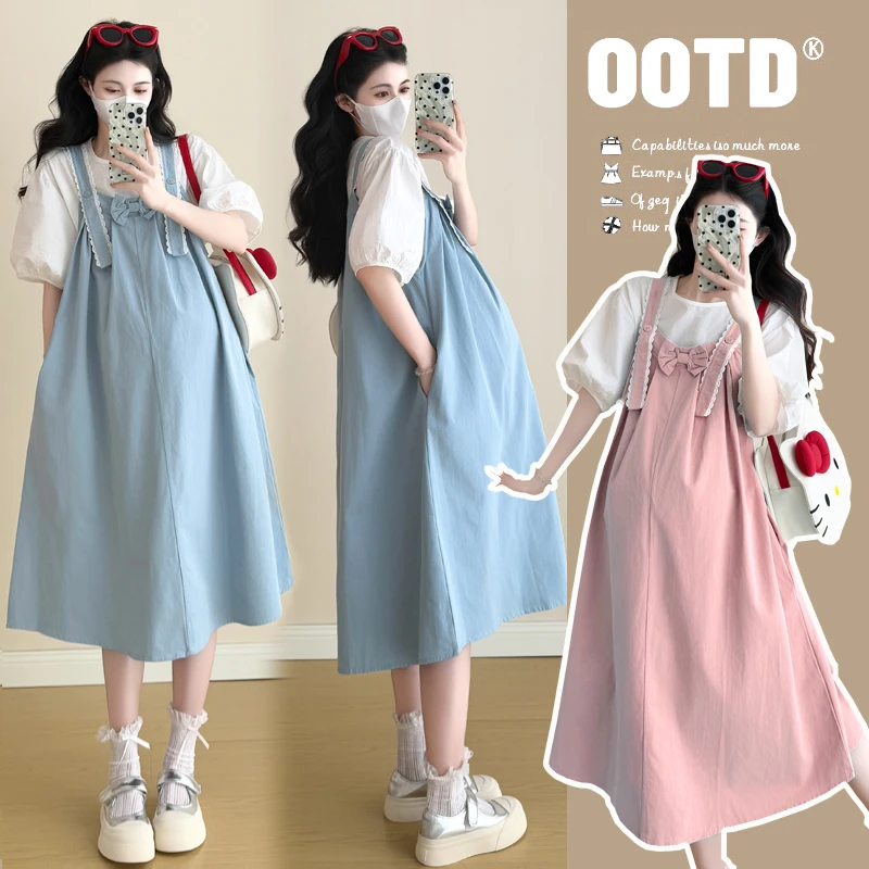 孕妇套装夏季慵懒风2025新款夏季宽松大码纯棉背带裙白色短袖上衣