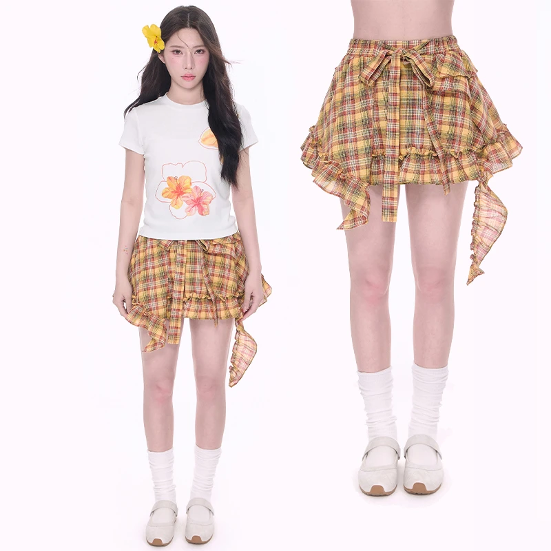 【NCXK】格纹绑带短裙不规则拼接设计感叠穿防走光裤裙QZ25088