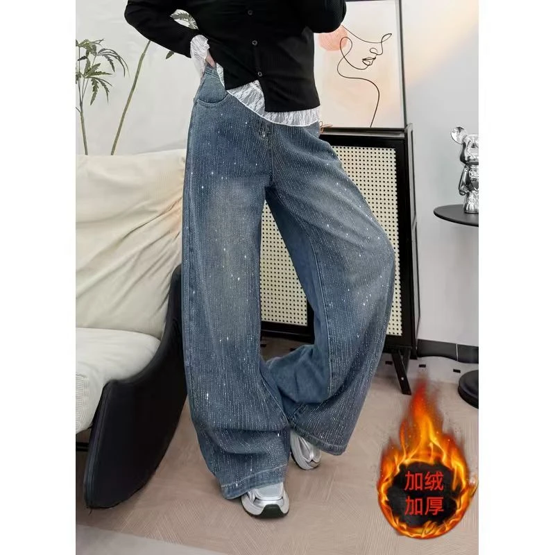 加绒加厚烫钻牛仔裤女款秋冬爆款新款高腰显瘦大码宽松阔腿拖地裤