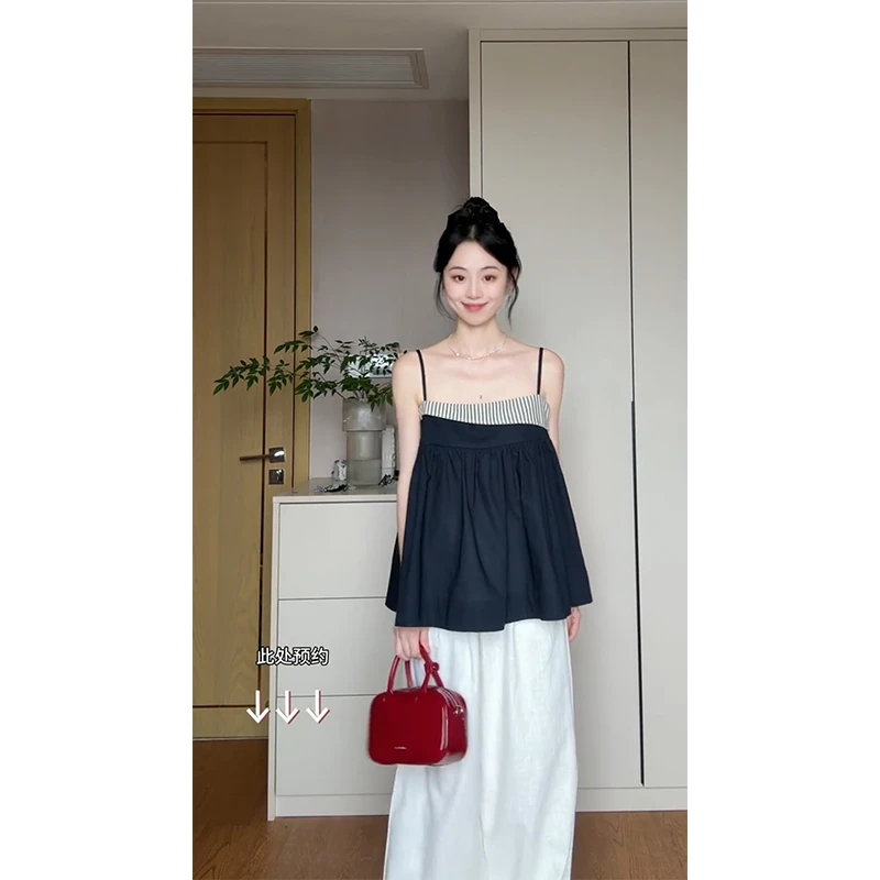 parkyeon夏季新款设计感条纹拼接无袖吊带上衣高腰宽松阔腿裤套装