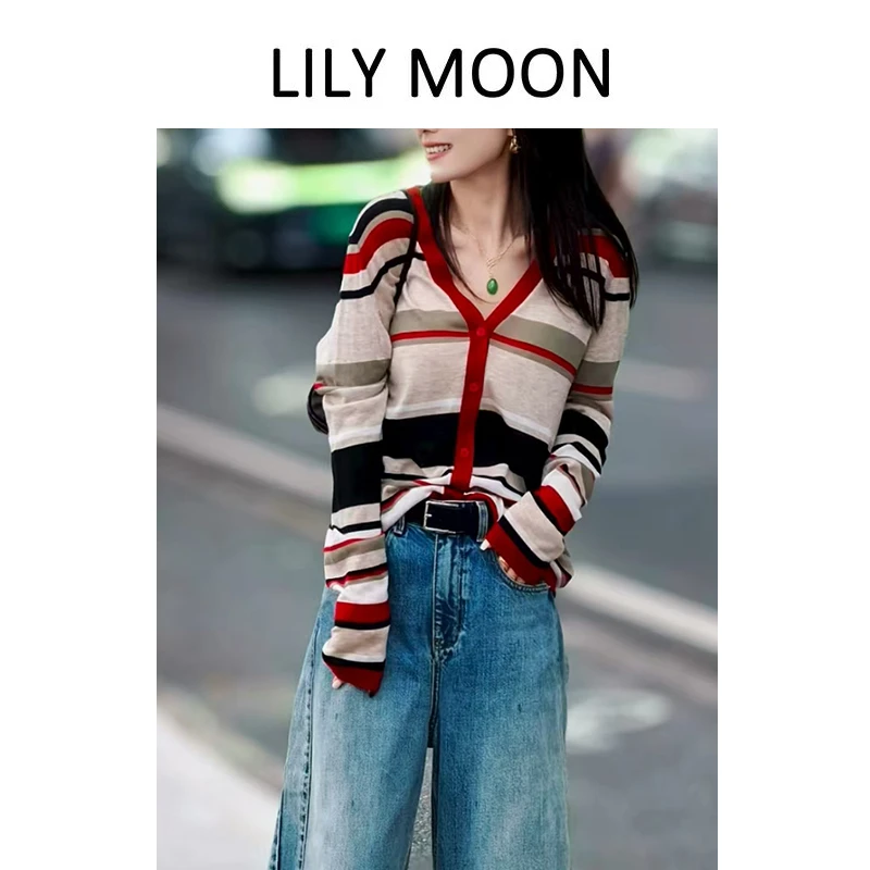 LILYMOON 经典条纹撞色羊毛v领复古开衫毛针织衫