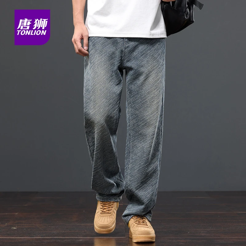 tonlion/唐狮男士裤子秋季新款美式宽松直筒牛仔裤男休闲阔腿长裤