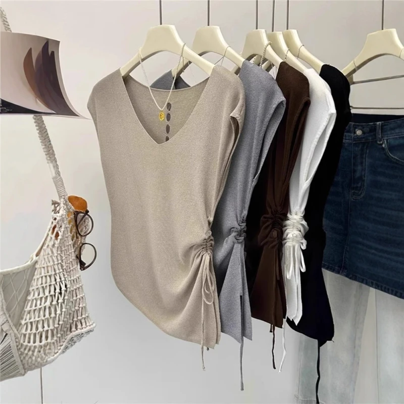 后背镂空v领冰丝短袖针织衫女夏季设计感抽绳小飞袖t恤不规则上衣
