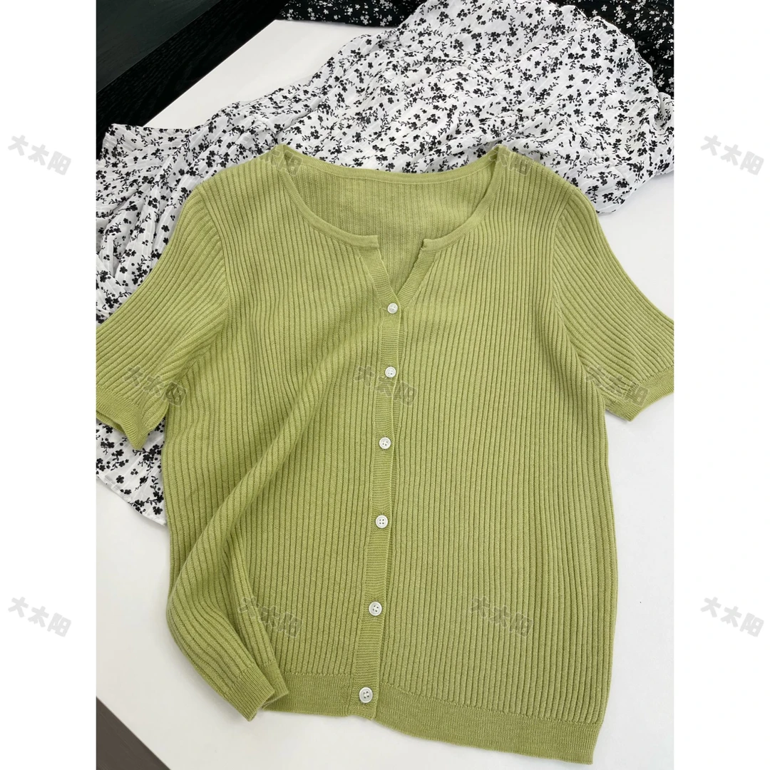 /苹果绿短袖/洋气显白坑条肌理感柔软针织衫 衣长52 胸围48 93169