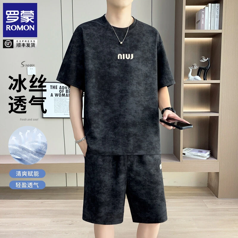 罗蒙高档夏季新款冰丝短袖T恤男士宽松休闲套装潮男短裤两件装男