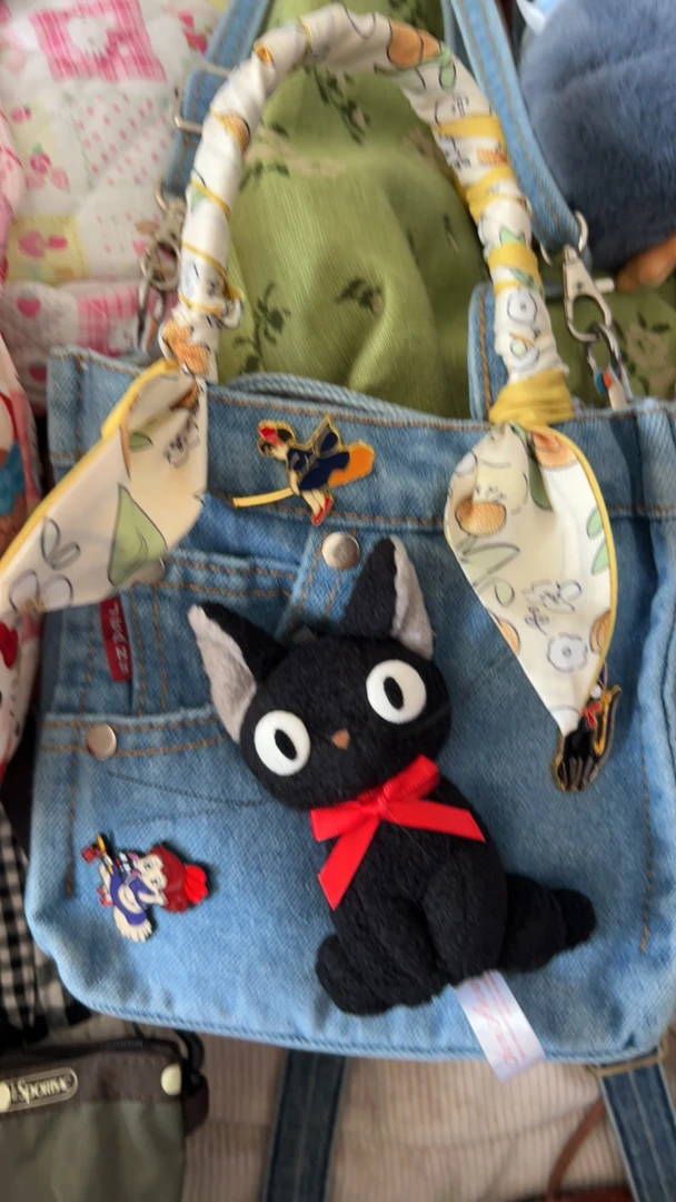 兜小兜夏季可爱小黑猫牛仔斜挎包