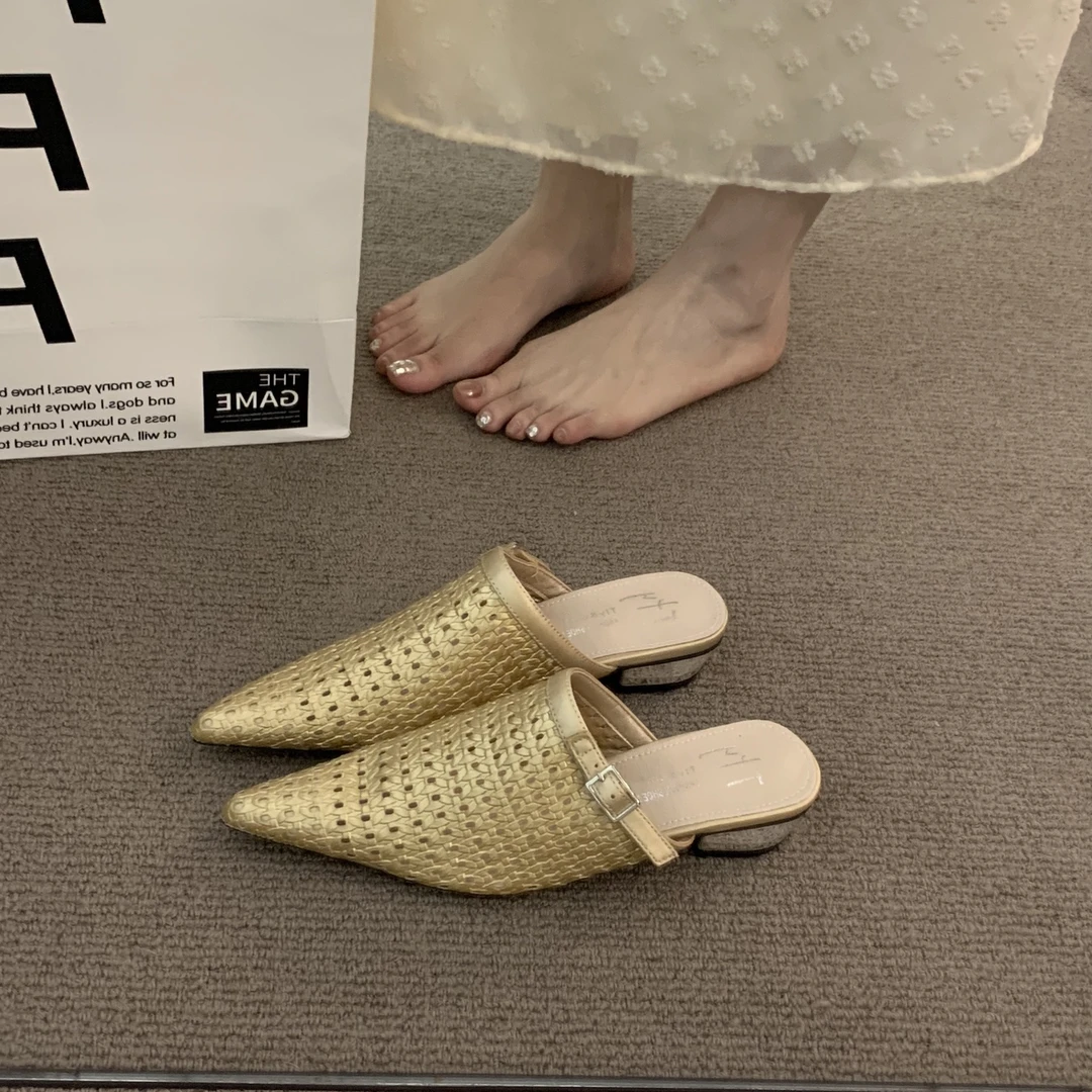 波西米亚法式尖头半拖勃肯鞋女外穿2025新款春夏粗跟晚晚包头凉鞋