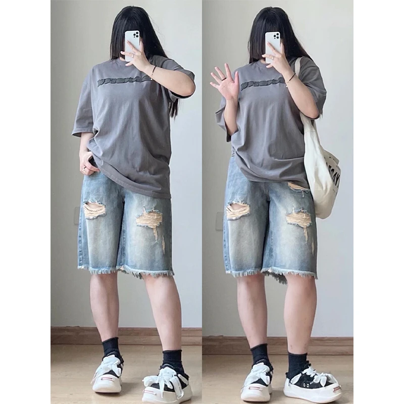300斤大码女装夏季破洞牛仔短裤女胖mm百搭裤子显瘦阔腿五分裤子