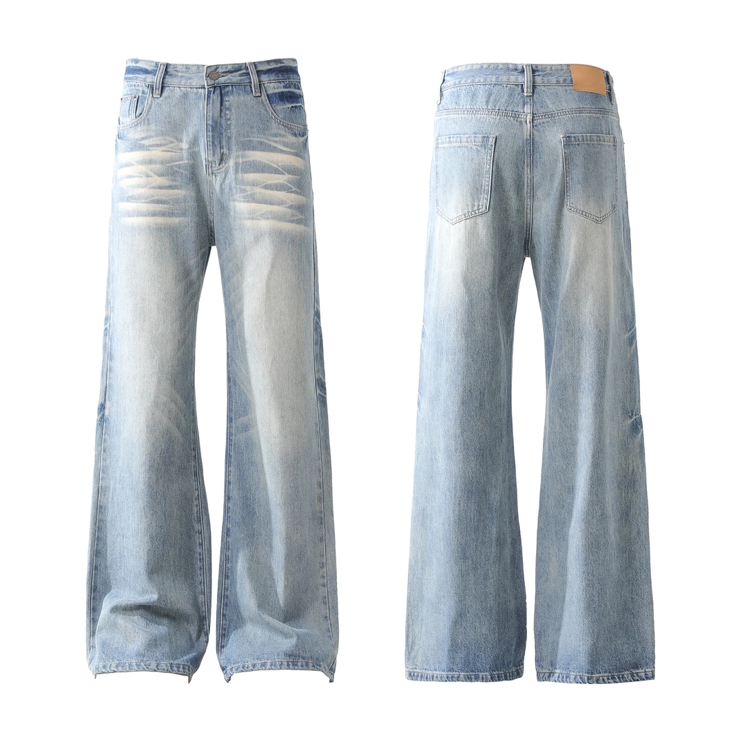 WIND BLOWS自然四季复古休闲长裤提花美式水洗猫须牛仔裤微喇裤子