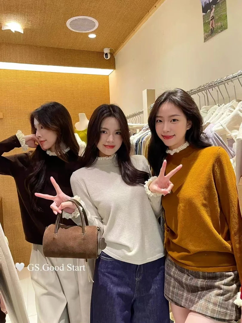 法式气质蕾丝花边高领修身长袖针织衫小衫女百搭显瘦上衣