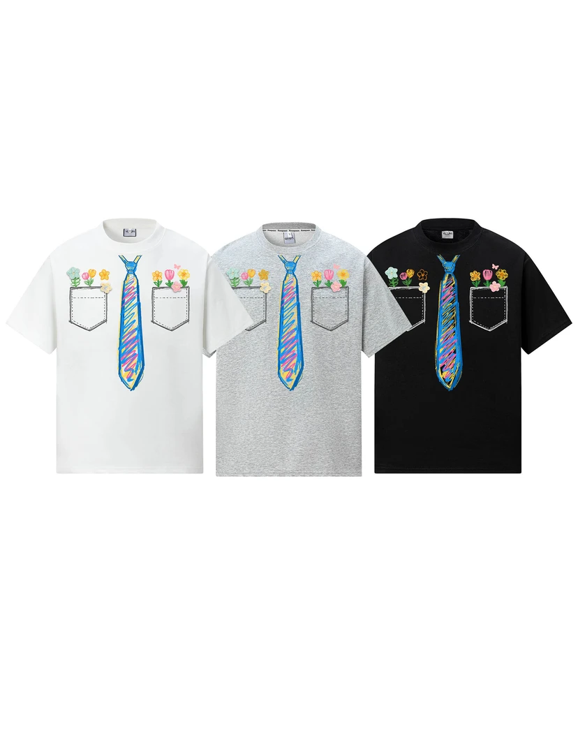 国潮美式涂鸦手绘领带勾花设计曼巴冰感棉T恤潮牌男女宽松短袖