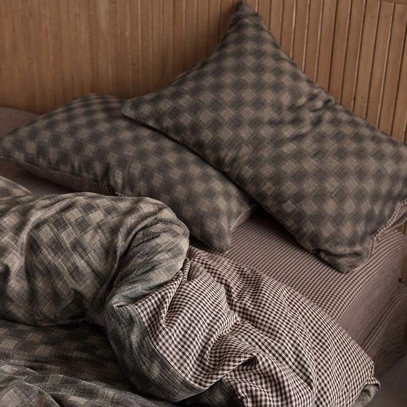 黛西的朦胧幻境/retro复古暗色格子全棉色织双层纱四件套床单被套