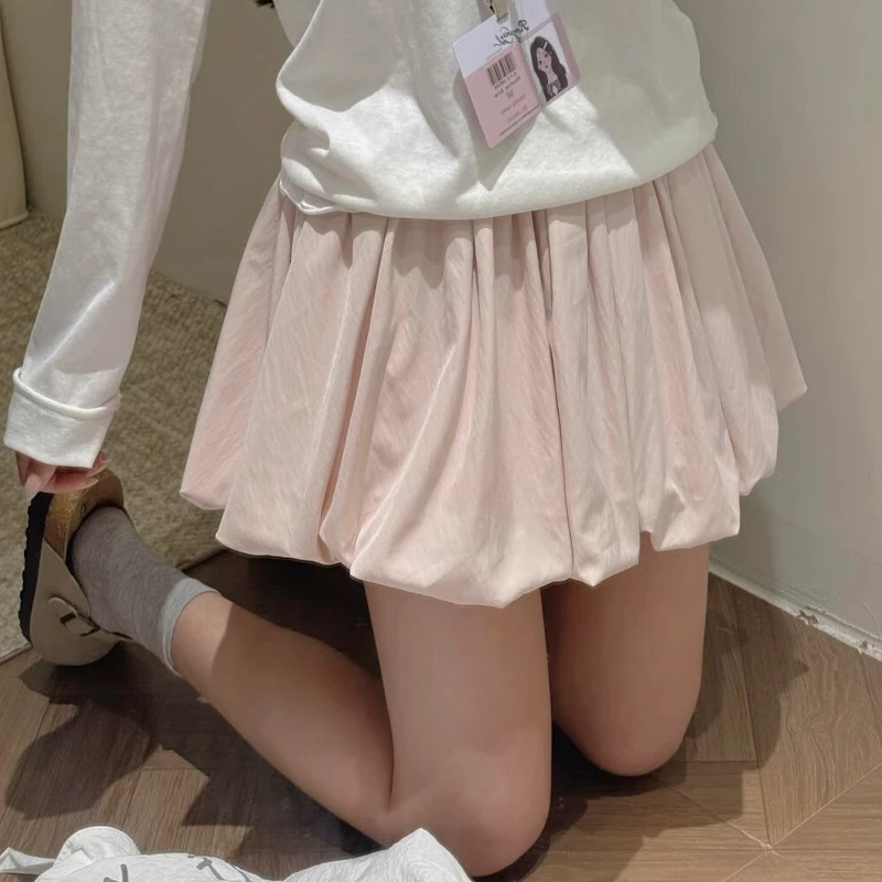 粉色慵懒冰丝蓬蓬花苞裙女夏薄2025新款休闲高腰宽松显瘦a字短裙