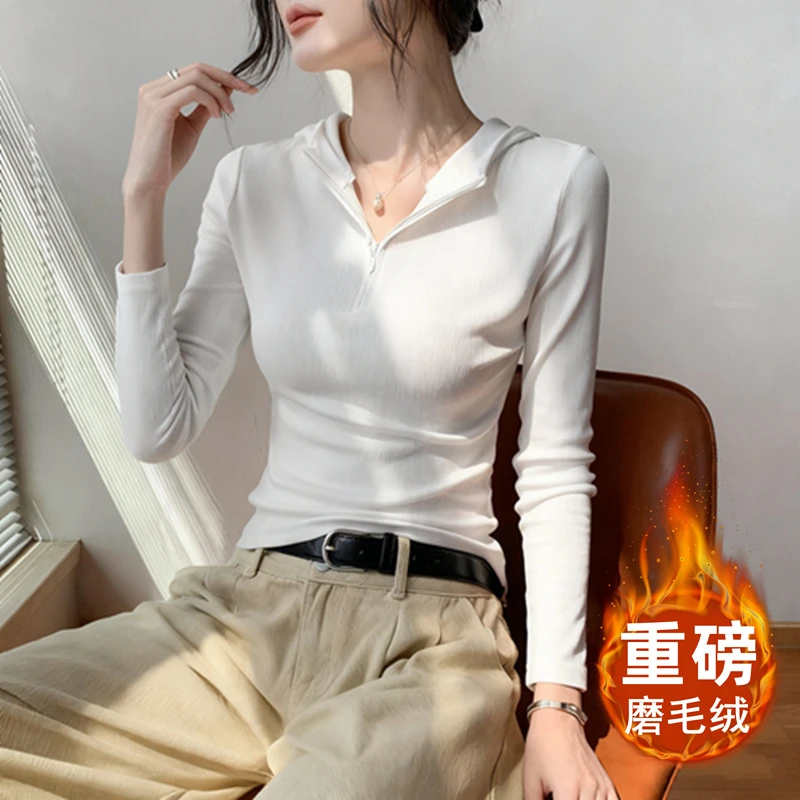 韩版磨毛加厚连帽卫衣T恤女2025秋冬修身显瘦百搭打底衫拉链上衣