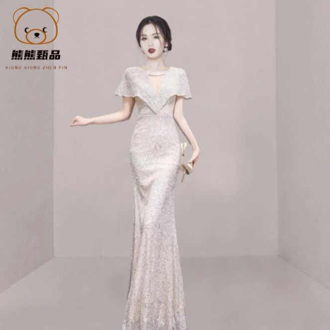 鱼尾晚礼服裙女2025新款宴会气质主持人跨境感轻奢小众风范香槟yd