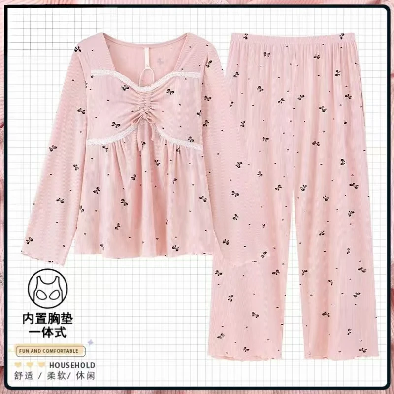 2025年秋季新款套头长袖长裤粉色蝴蝶结一体式带胸垫家居服套装