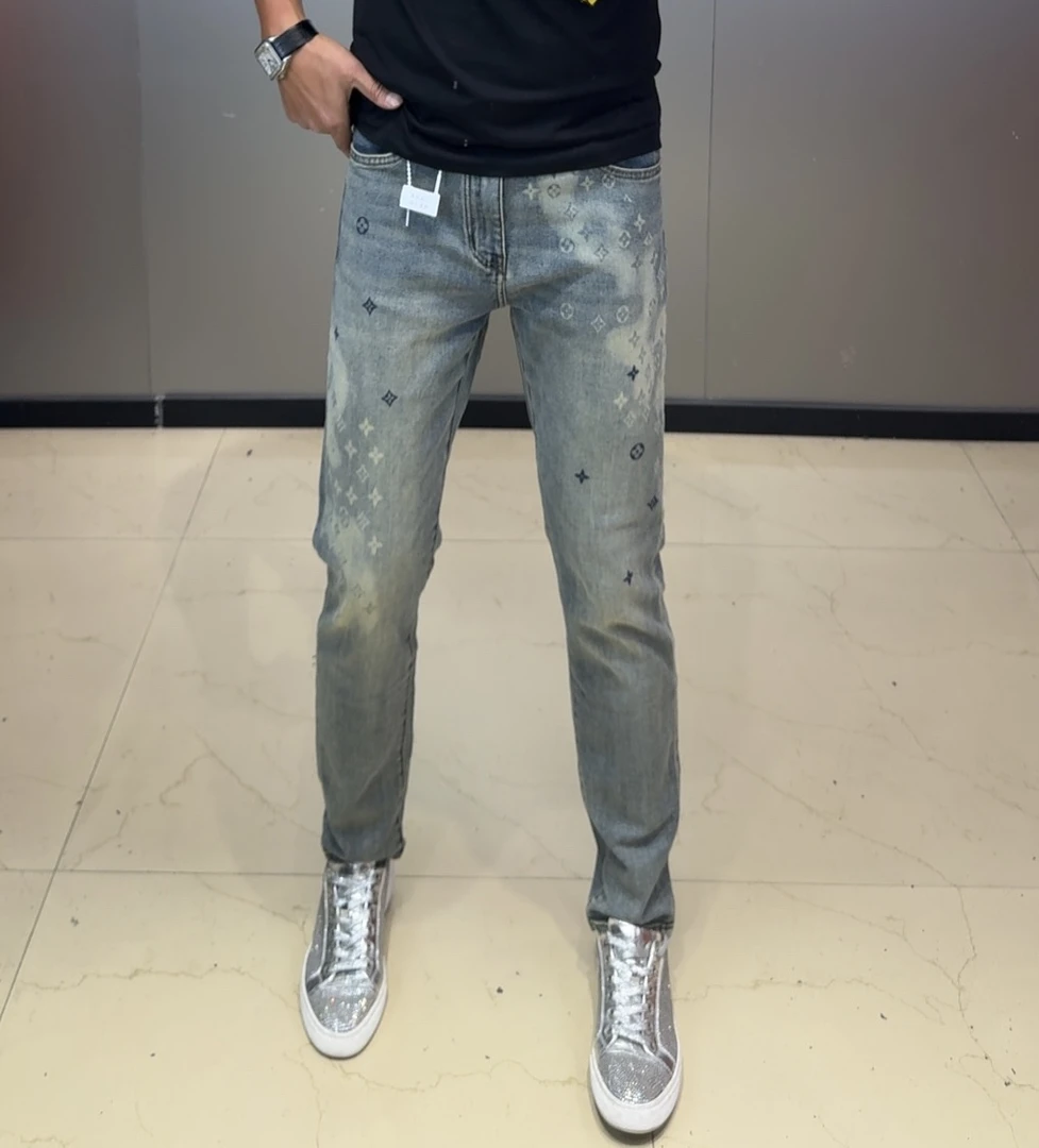 夏季复古蓝百搭男士微弹力时尚印花水洗直筒休闲修身牛仔裤裤子