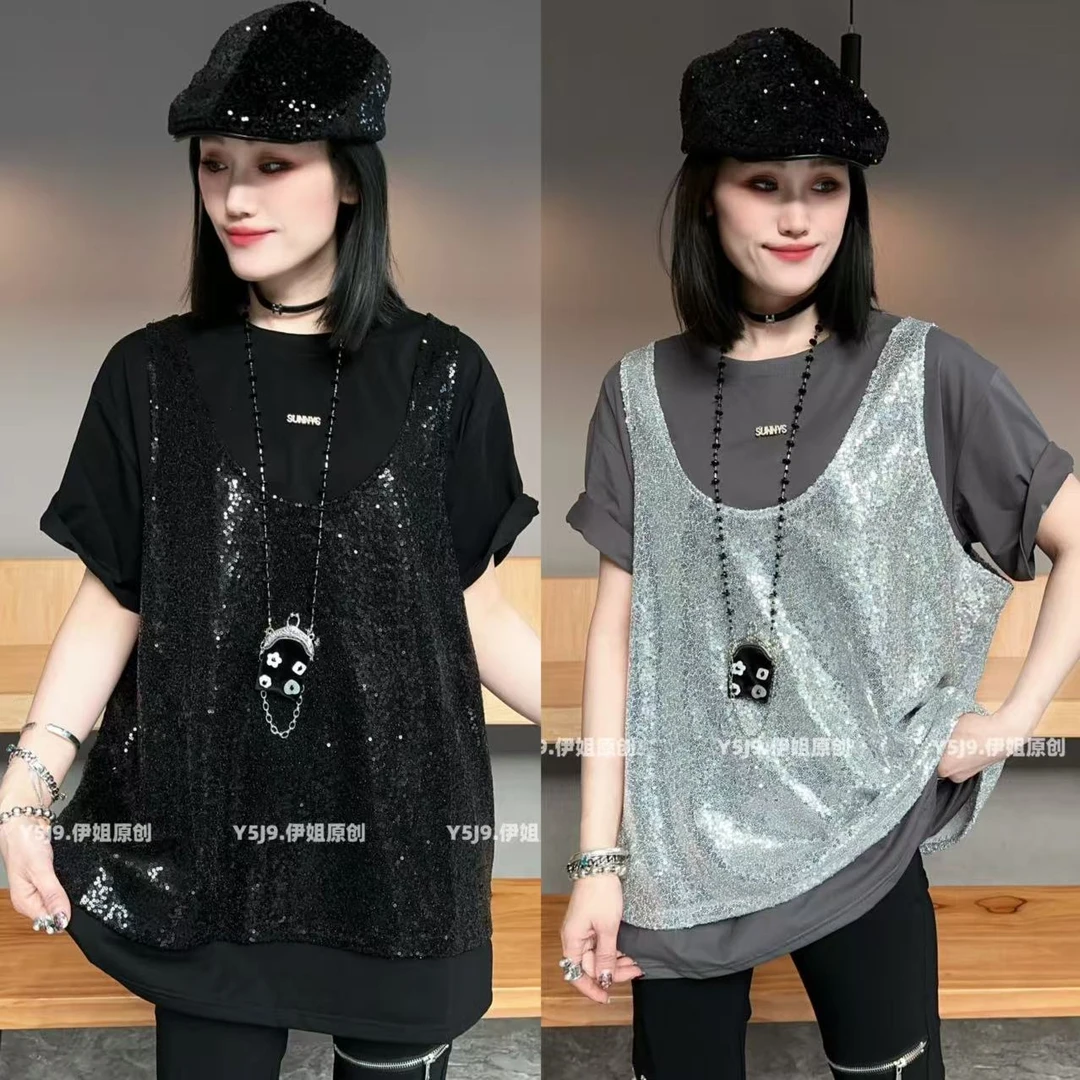 【YJ·高定】2025春夏新款百搭显瘦珠片拼接宽松假两件半袖女 YY1801