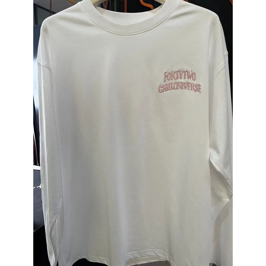 喜家外贸-2024年韩版新款圆领磨刺绣字母长袖纯色T恤女42043-1