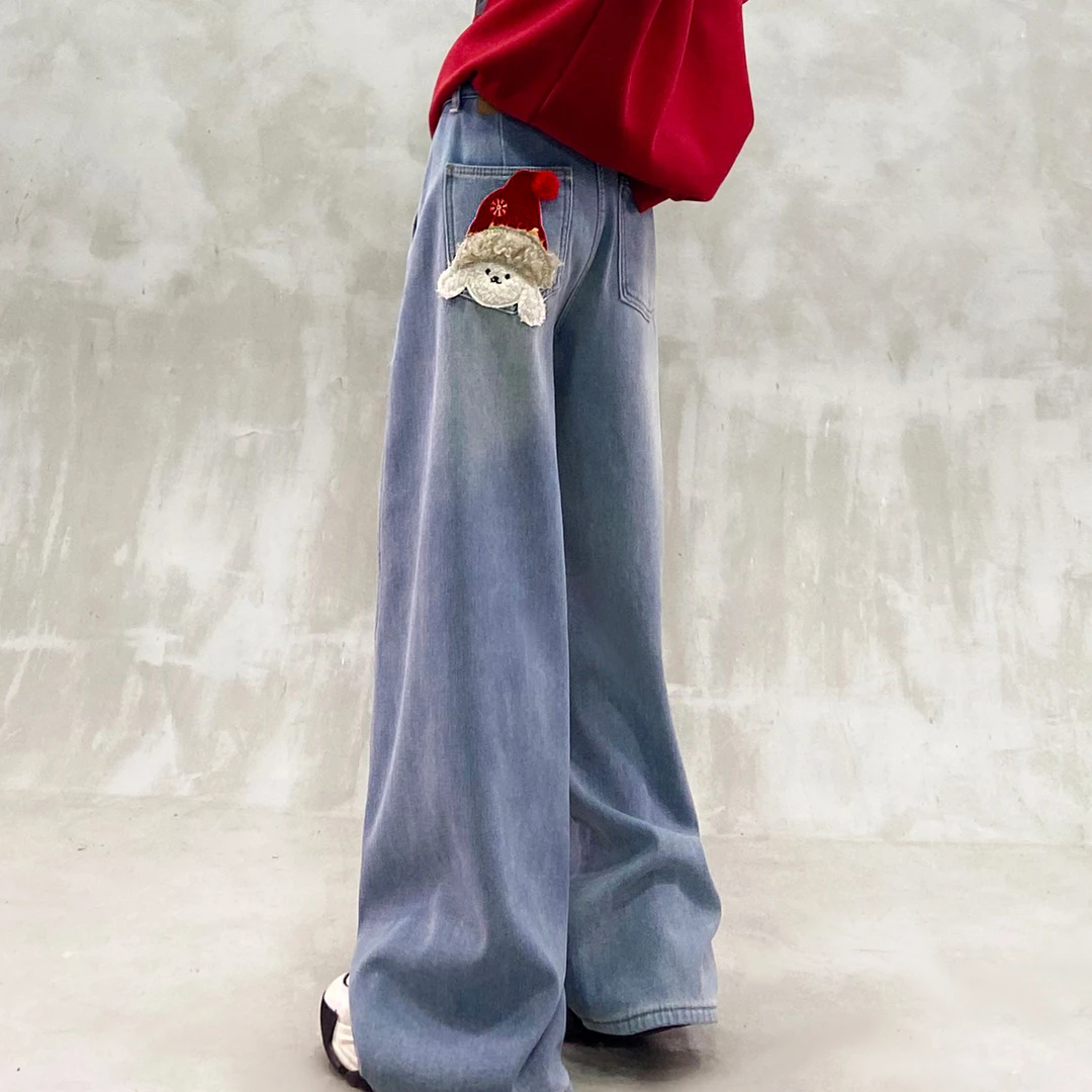 帅气后口袋设计感加绒牛仔裤女冬新款高腰宽松显瘦百搭直筒阔腿裤