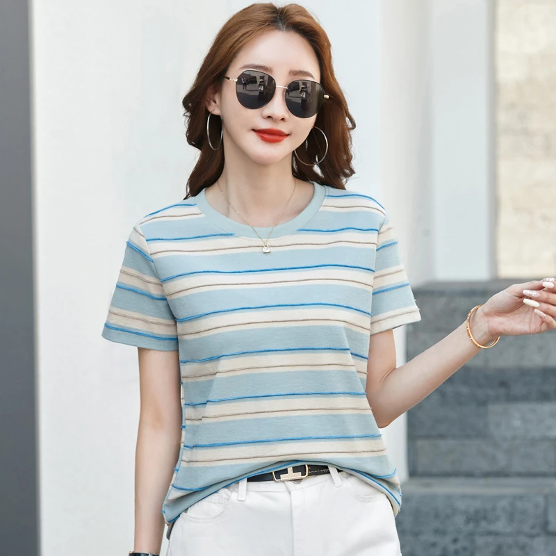 条纹短袖T恤洋气女夏装夏季新款韩版宽松显瘦刺绣圆领半袖上衣潮