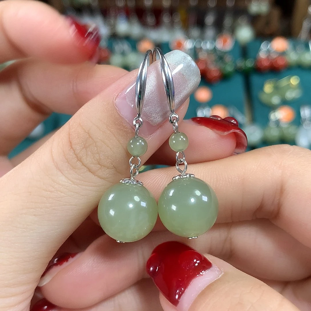 和田玉银S925镶嵌耳饰天然青海料卡12mm左右