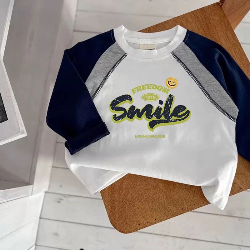 纯棉儿童T恤新款运动男童拼色插肩袖宝宝网红英文打底衫女洋气潮