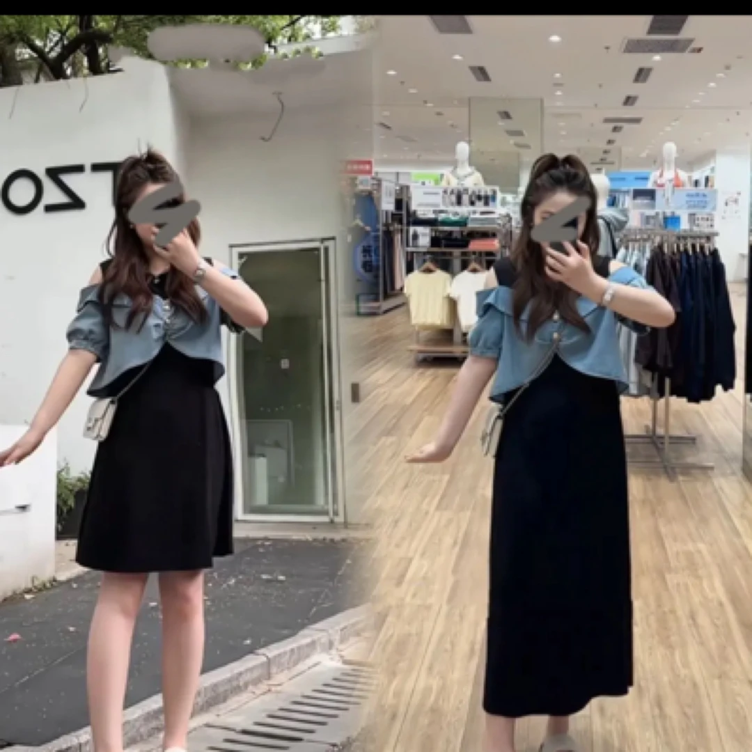 大码拼接露肩袖长裙2025夏季新时尚气质圆领设计感长款连衣裙女