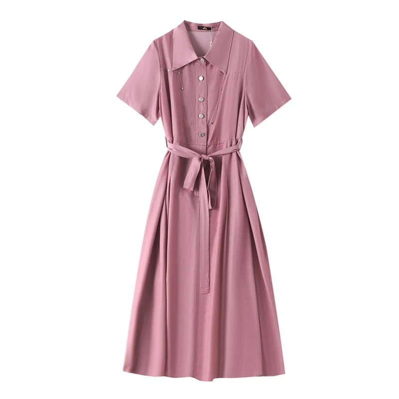 YH-66320大码女装胖mm紫粉色高级感轻熟短袖连衣裙2025衬衫长裙
