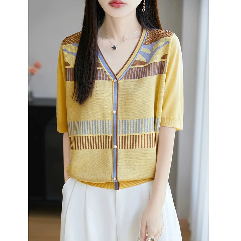 新款V领撞色莱赛尔天丝针织开衫短袖女洋气减龄显瘦百搭半袖miu系