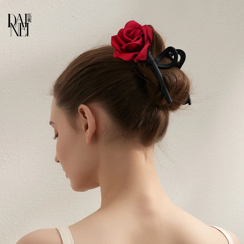 DAINEI岱妮静雅玫瑰抓夹红色女大号鲨鱼夹盘发夹子扎马尾发夹发饰