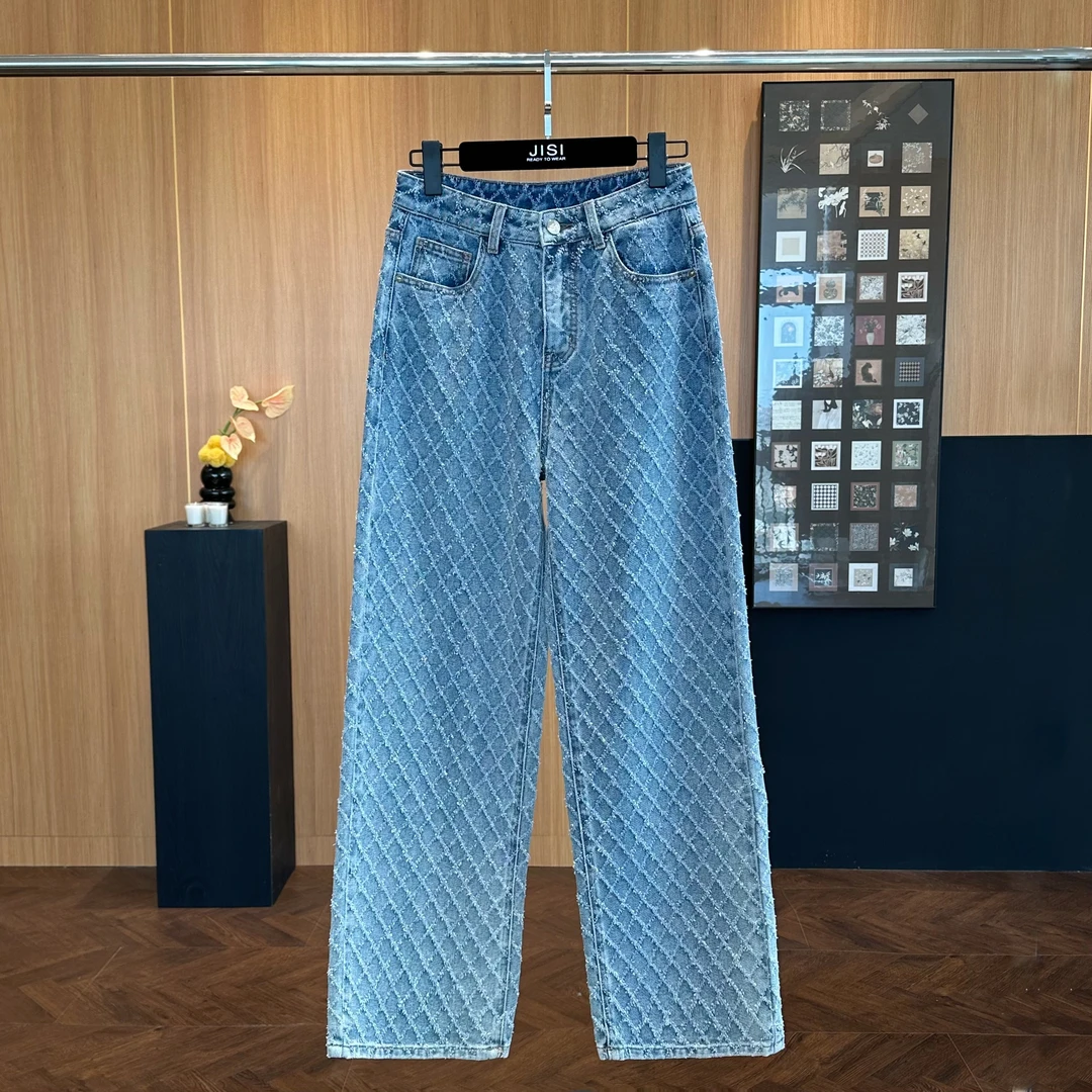 JISI 24N菱形格纹理感宽松直筒牛仔裤-KZ24715