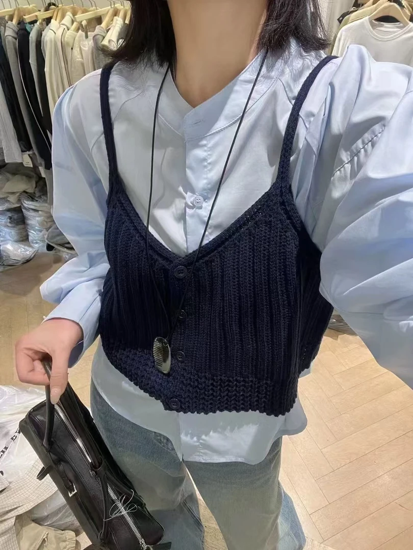 法式蓝色衬衫叠穿吊带背心两件套装女春季韩系穿搭设计感减龄上衣