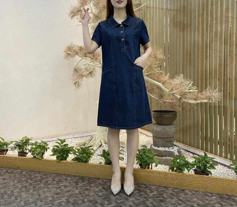 2025爆款翻领大口袋牛仔裙女时尚减龄显瘦气质短袖牛仔中裙妈妈装