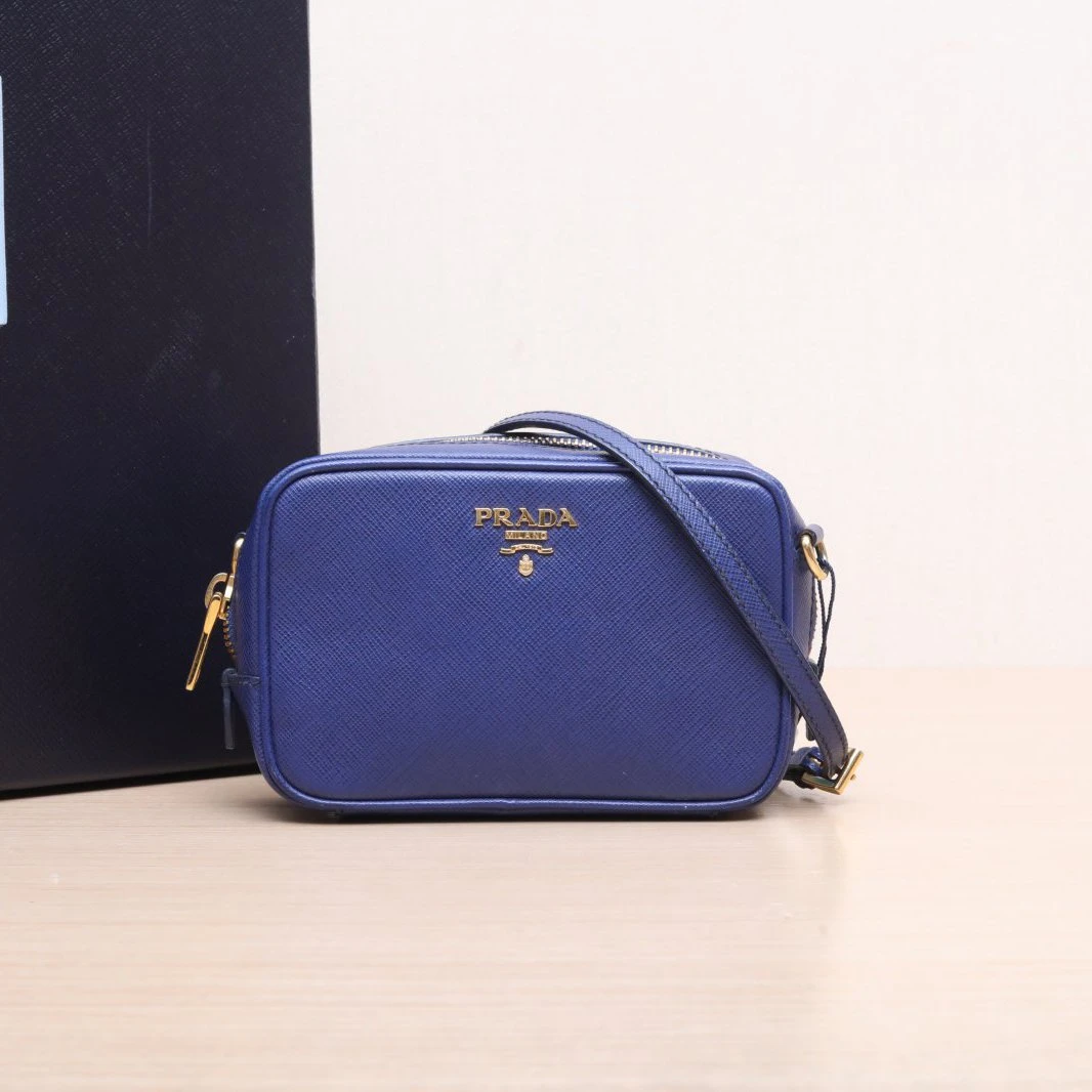 95新 Prada/普拉达 活动双双 蓝色 皮革C mini 相机包 斜挎包