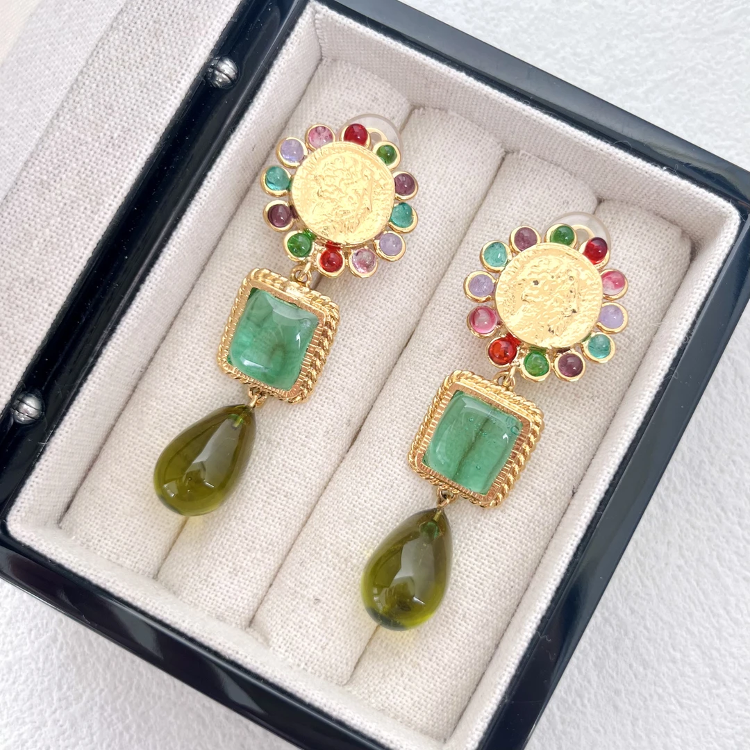 铜合金玻璃耳饰 「Lily中古」G绿色耳夹